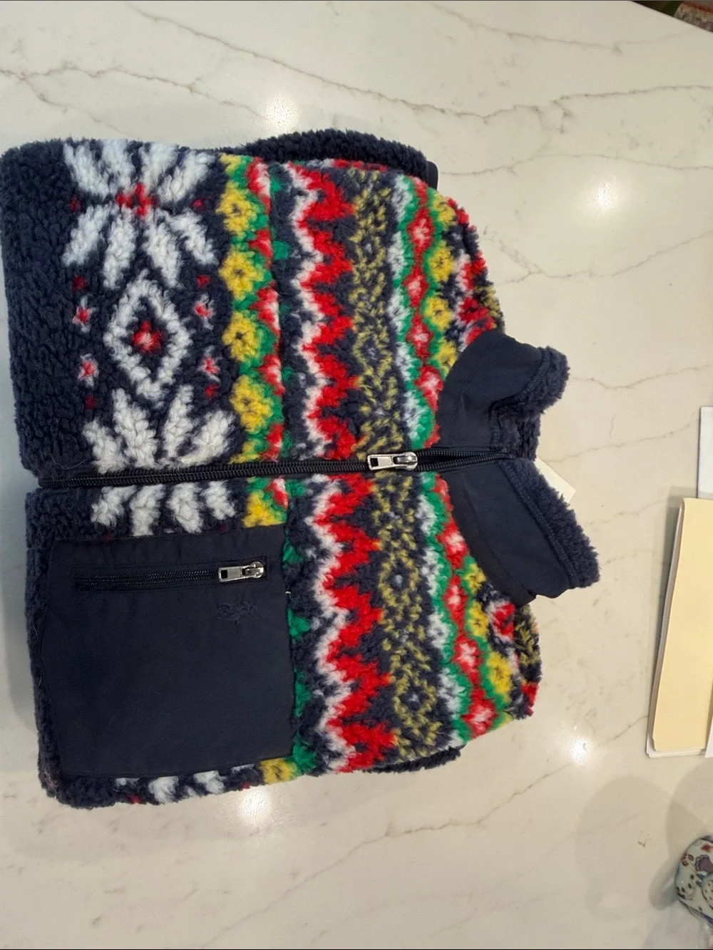 POLO Ralph Lauren Navy Sherpa Zip-Up Jacket with Multicolor Fair Isle Yoke